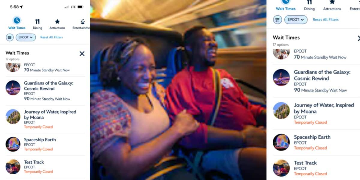 Test Track riders with My Disney Experience app photos of its downtime