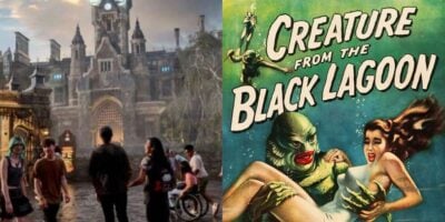 split image: on the left, dark universal portal entrance. on the right, creature from the black lagoon