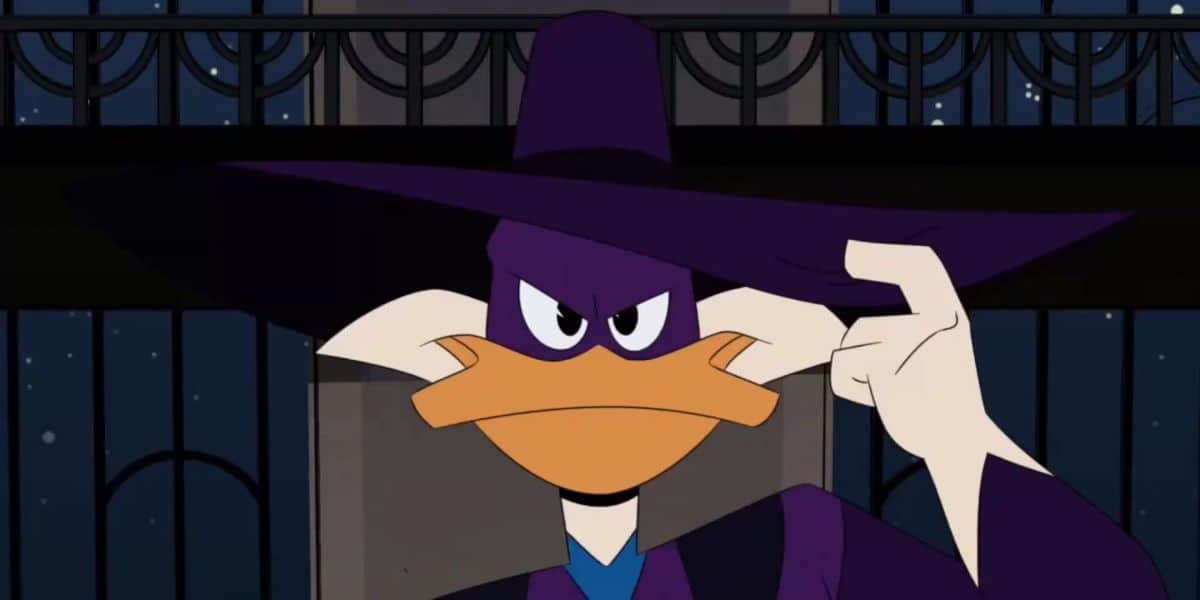 Darkwing Duck in his signature purple hat and coat