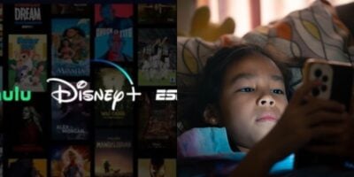 split image: on the left, disney+ logo. on the right, a child scrolls on phone