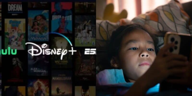 split image: on the left, disney+ logo. on the right, a child scrolls on phone