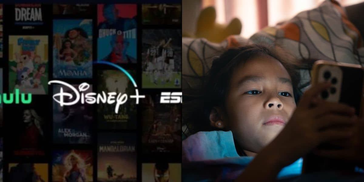 split image: on the left, disney+ logo. on the right, a child scrolls on phone