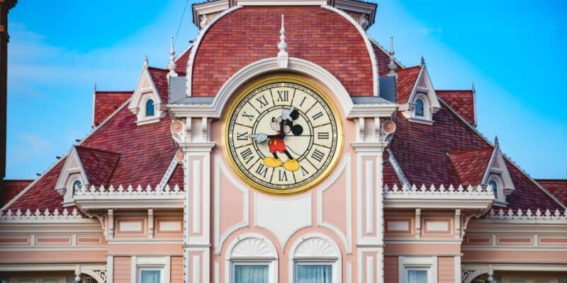 The Mickey Mouse clock on top of the Disneyland Hotel in Paris