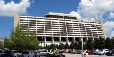 The parking lot in front of the main building at Disney's Contemporary Resort.