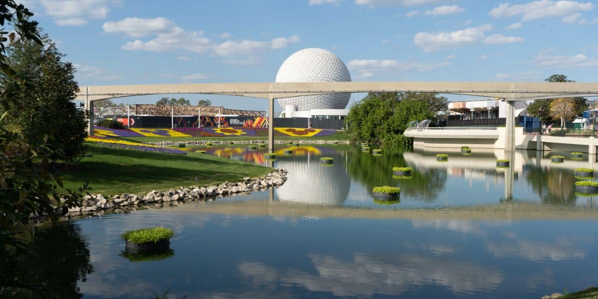 A look at the World Celebration construction and Spaceship Earth from World Nature at EPCOT