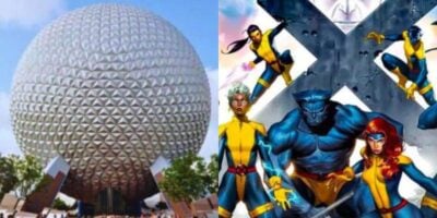 split image: on the left, spaceship earth. on the right, x-men comic heroes