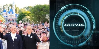 split image: on the left, Josh D'Amaro and Bob Iger at Disneyland. on the right, JARVIS logo from 'Iron Man' (2008) film