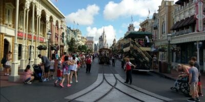 A straight-on look at Cinderella Castle from Main Street USA at Magic Kingdom