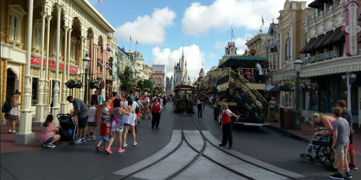 A straight-on look at Cinderella Castle from Main Street USA at Magic Kingdom