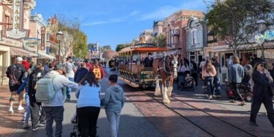 A horse drawn trolley on Main Street USA at Disneyland