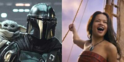 split image: on the left, mando and grogu. on the right, live-action moana