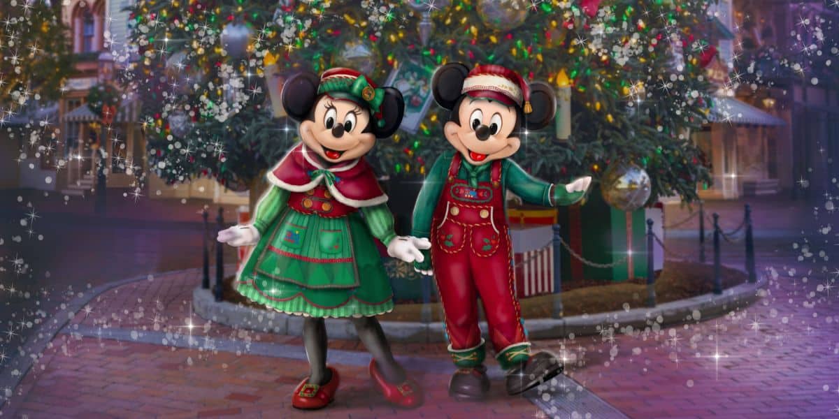 Concept art for Mickey and Minnie Mouse in their new Christmas looks at Disneyland