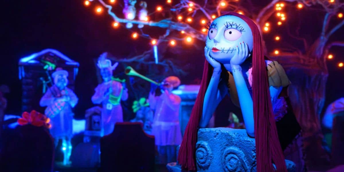 Sally inside haunted mansion ride during holiday overlay in disneyland