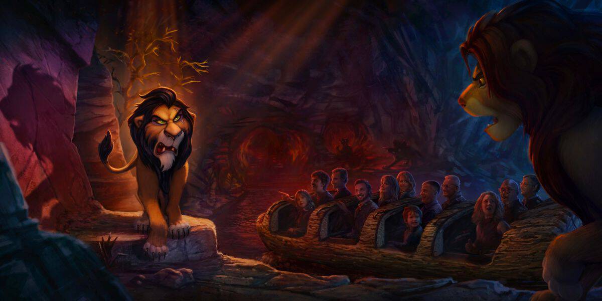 Animatronics of Scar and Simba in front of guests on the Lion King attraction