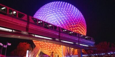 The Monorail and Spaceship Earth at night at EPCOT