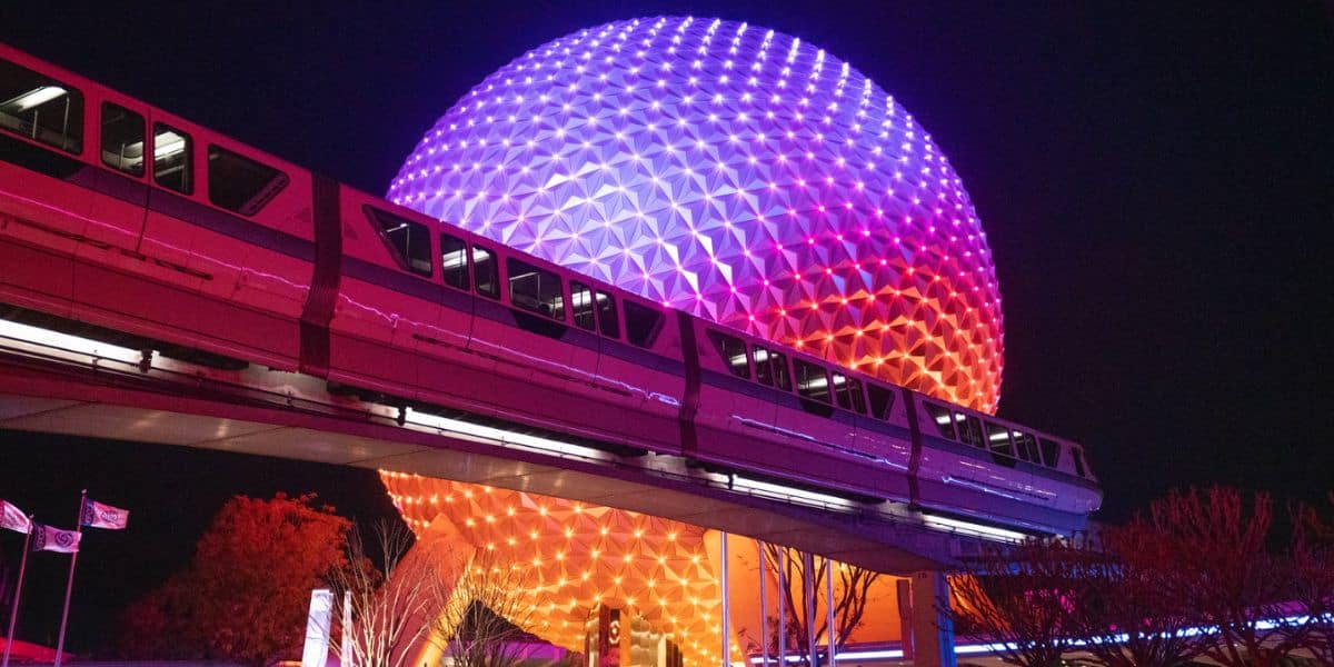 The Monorail and Spaceship Earth at night at EPCOT