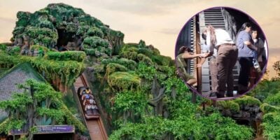 Left: The exterior of Tiana's Bayou Adventure at Magic Kingdom Park. Right: Disney cast members help guests climb out of their logs on the same ride.