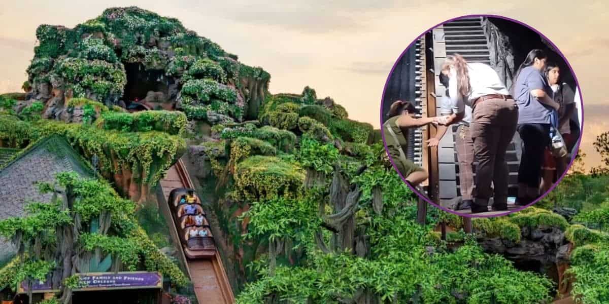 Left: The exterior of Tiana's Bayou Adventure at Magic Kingdom Park. Right: Disney cast members help guests climb out of their logs on the same ride.