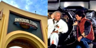 split image. on the left, universal studios florida arch. on the right, doc and marty from back to the future