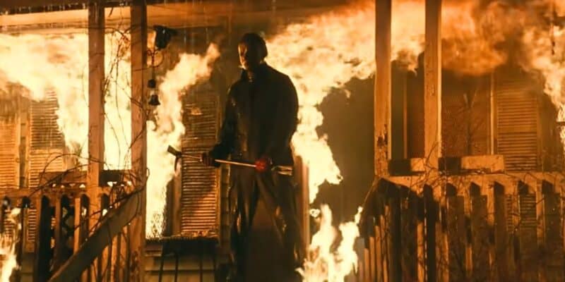 Michael Myers emerging from the fire in 'Halloween Kills'