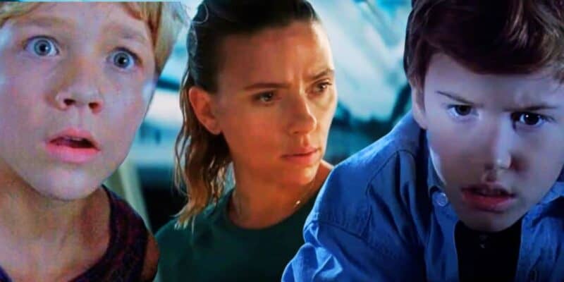 Three separate images: L - Ariana Richards as Lex in 'Jurassic Park', M - Scarlett Johansson as Zora in 'Jurassic World Rebirth', R - Joe Mazzello as Tim in 'Jurassic Park'