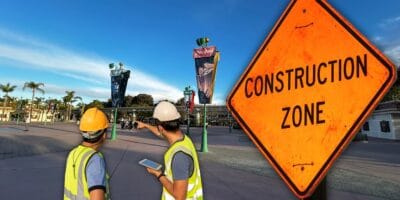 Construction walls and the former ticket booth area on the east side of the Disneyland Resort Esplanade in Anaheim, California.