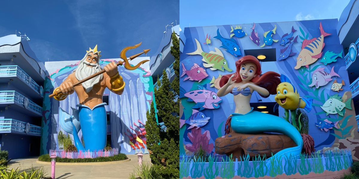 At Disney World’s Art of Animation resort, towering statues of King Triton and Ariel, surrounded by vibrant fish, bring the blue building walls to life for an enchanting Little Mermaid experience.