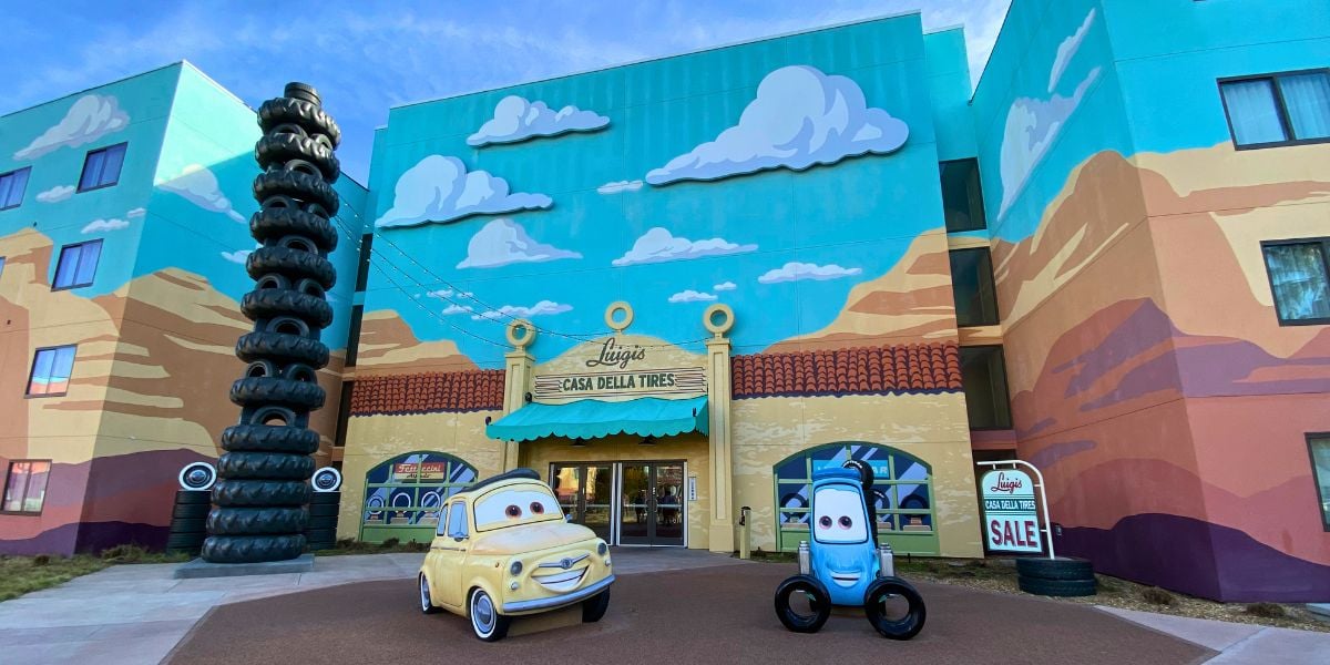 The vibrant Cars section at Disney’s Art of Animation Resort showcases larger-than-life characters from the movie, with eye-catching cartoon car statues and a towering pile of tires welcoming guests to this immersive Disney World experience.