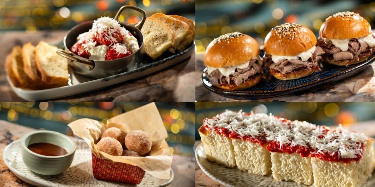 A festive selection of theme park eats including savory meatballs with fresh bread, roast beef sliders perfect for on-the-go snacking, playful donuts drizzled with sweet sauce, and a classic park treat of toasted bread topped with tomato and melted cheese.