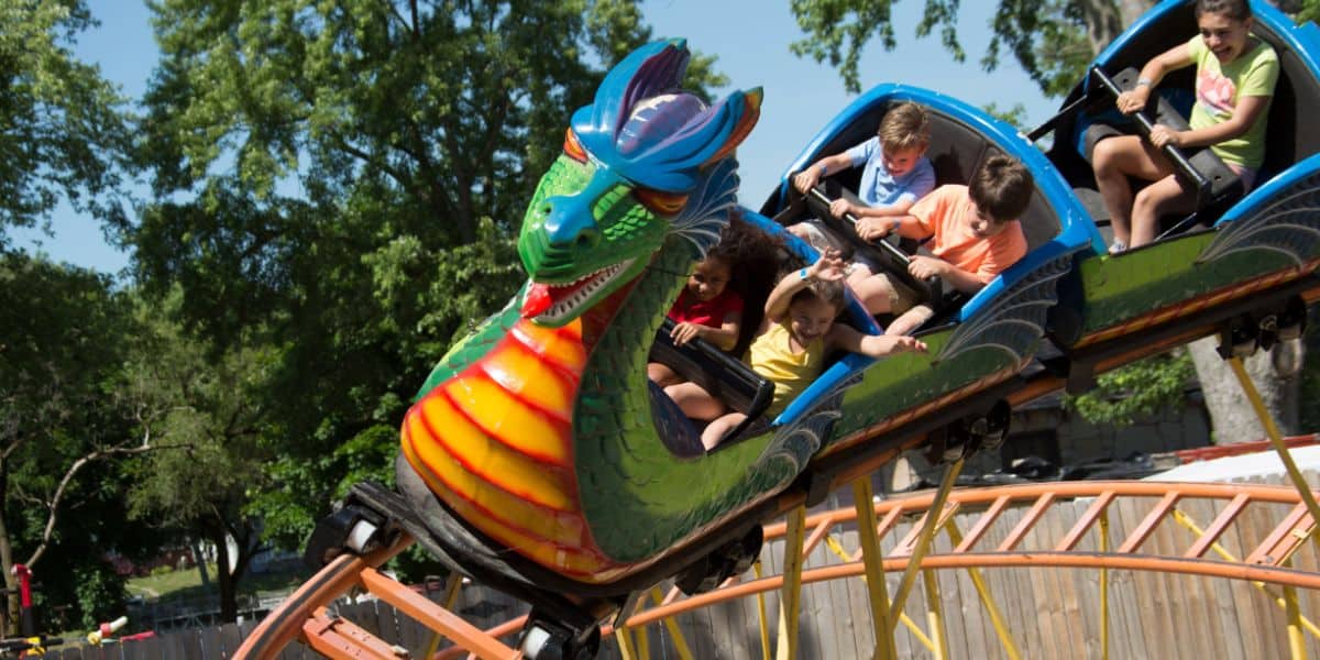 Kids on a dragon coaster at Clementon Park and Splash World