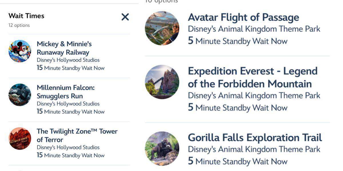Disney World app displays impressively short wait times—just 15 minutes for rides at Hollywood Studios and walk-on waits as low as 5 minutes at Animal Kingdom—capturing that rare Ghost Town Disney vibe and offering theme park fans a truly unique, crowd-free experience.