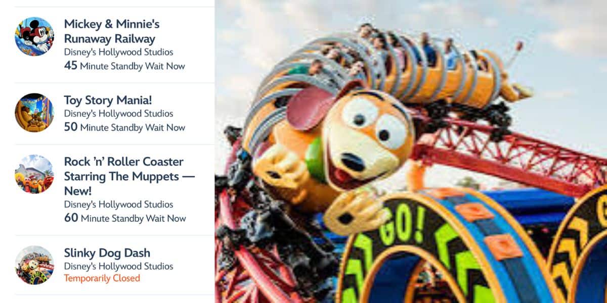 Slinky Dog Dash coaster racing along its tracks at Hollywood Studios with excited guests aboard, alongside up-to-date Disney ride wait times and the latest Ride Downtime alerts.