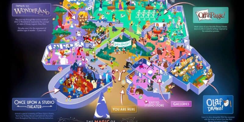 Vibrant illustrated map highlighting immersive Disney-themed zones, classic character meet-and-greets, excited guests exploring, and clearly marked sections—all centered around the debut attraction inspired by Hollywood Studios at Disney World.