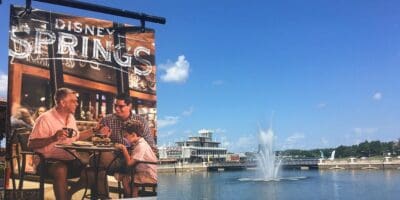 Disney Springs fountain and sign.