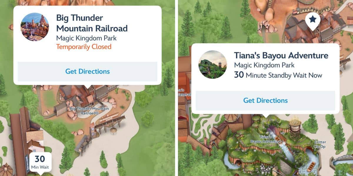 Big Thunder Mountain Railroad marked as closed on the Disney World app, while Tiana's Bayou Adventure had a 30-minute wait.