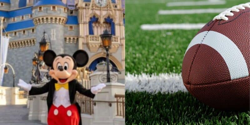 split image: on the left, mickey mouse in front of cinderella castle. on the right, a football on green field