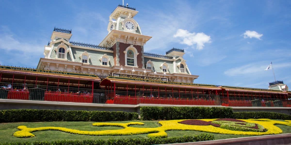 The iconic Magic Kingdom Walt Disney World Railroad station on Main Street USA