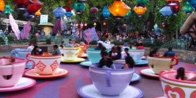 Guests on the Mad Tea Party attraction at Disneyland