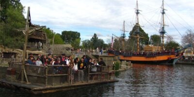 A raft headed to Tom Sawyer Island at Disneyland
