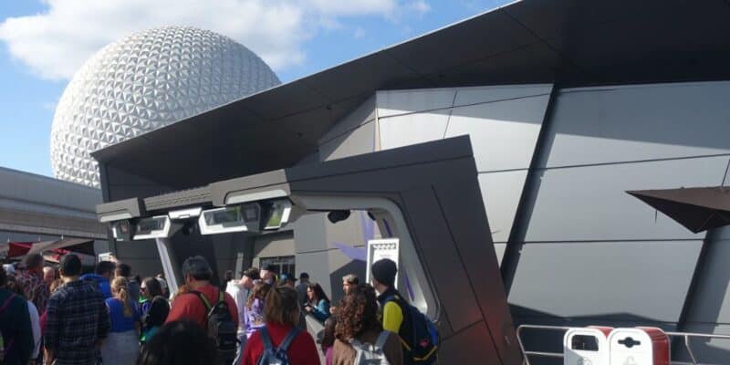 Guests line up outside Guardians of the Galaxy: Cosmic Rewind at EPCOT