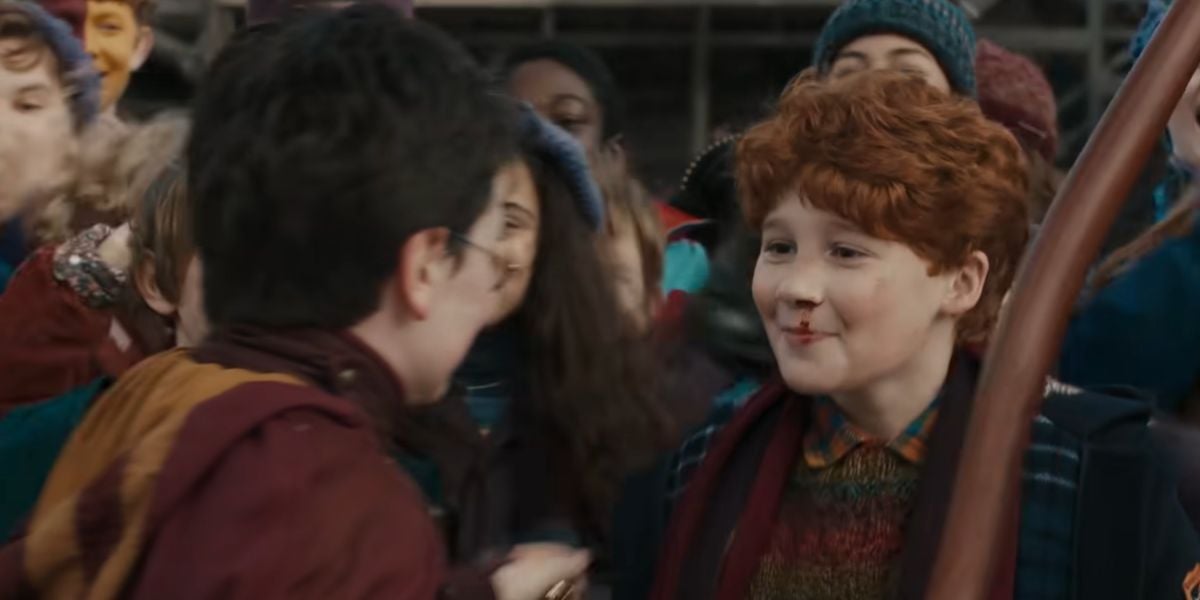 Ron Weasley with a bloody nose and Harry Potter in his Quidditch robes