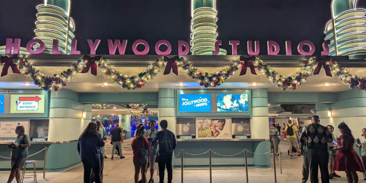 Guests at the entrance to Disney's Hollywood Studios during Disney Jollywood Nights