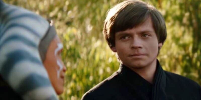 Luke Skywalker (CGI Mark Hamill) gazes at Ahsoka Tano (Rosario Dawson) beneath soft sunlight in an outdoor scene in 'The Book of Boba Fett'