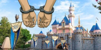 Handcuffed hands in front of Sleeping Beauty Castle’s entrance at Disneyland, surrounded by signature blue banners and a sunny sky.