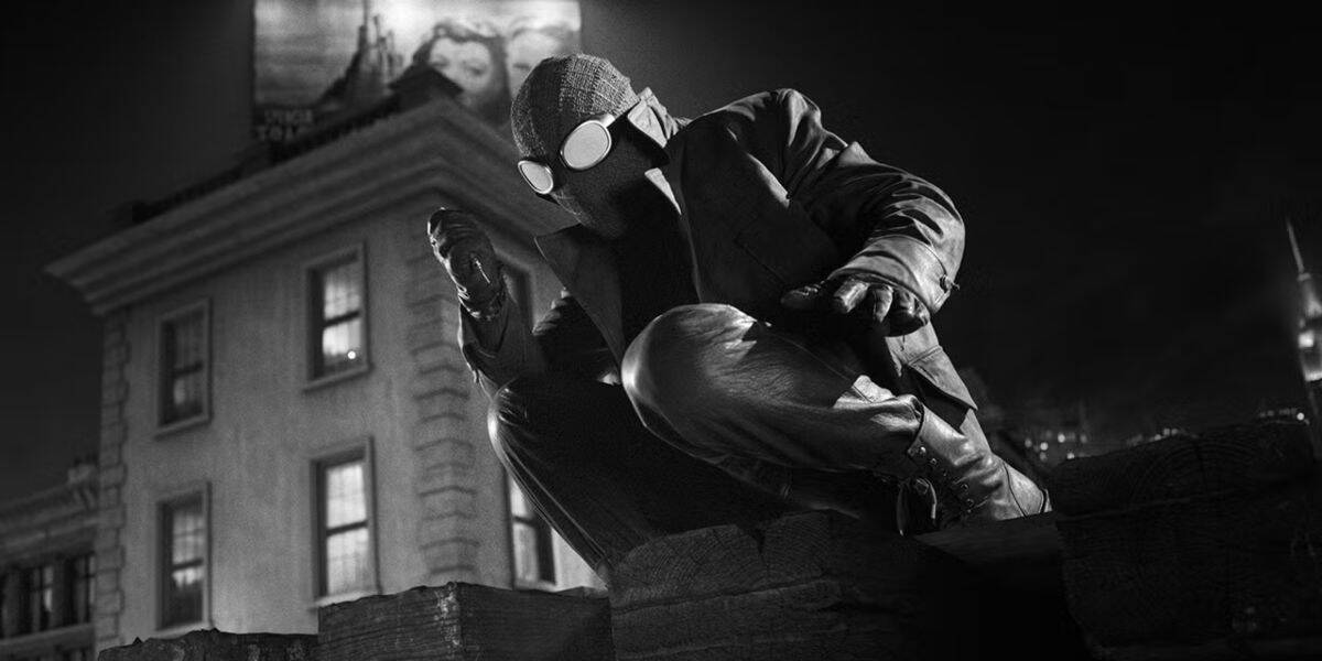 Spider-Man crouches on a rooftop at night in 'Spider-Noir'