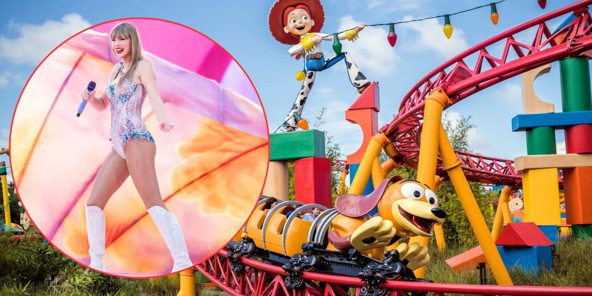 A pop star dazzles in a sparkling stage costume against the vibrant backdrop of Toy Story Land’s roller coaster and beloved Pixar character statues.