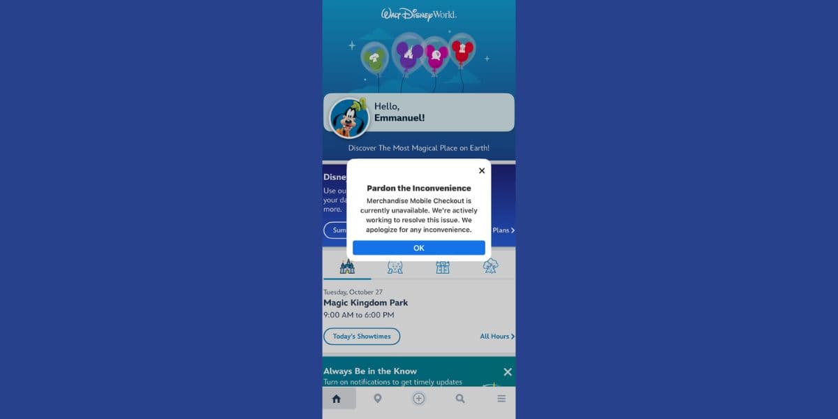 Merchandise mobile checkout error in the My Disney Experience app at Magic Kingdom.