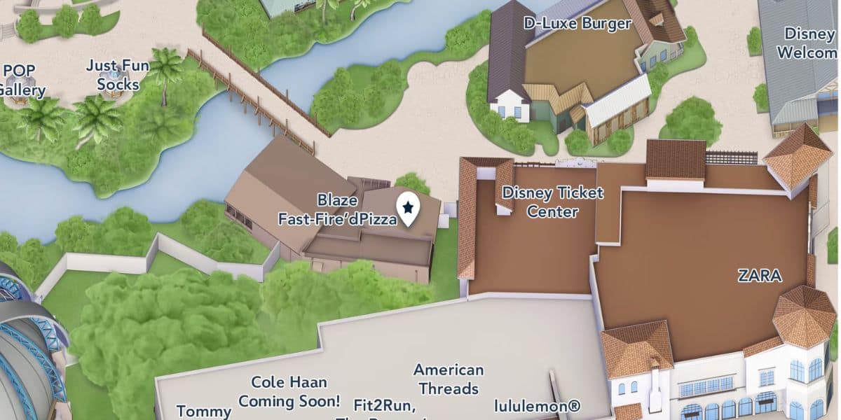 Map of Disney Springs showing the location of Blaze Fast-Fire’d Pizza.