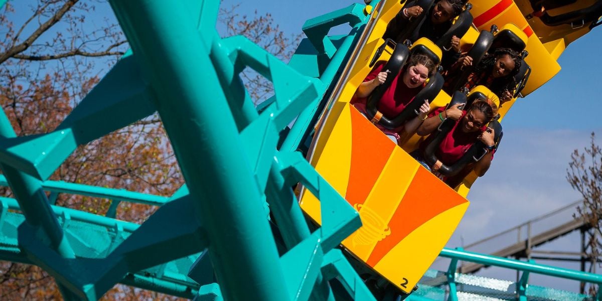 Guests on a Carowinds roller coaster