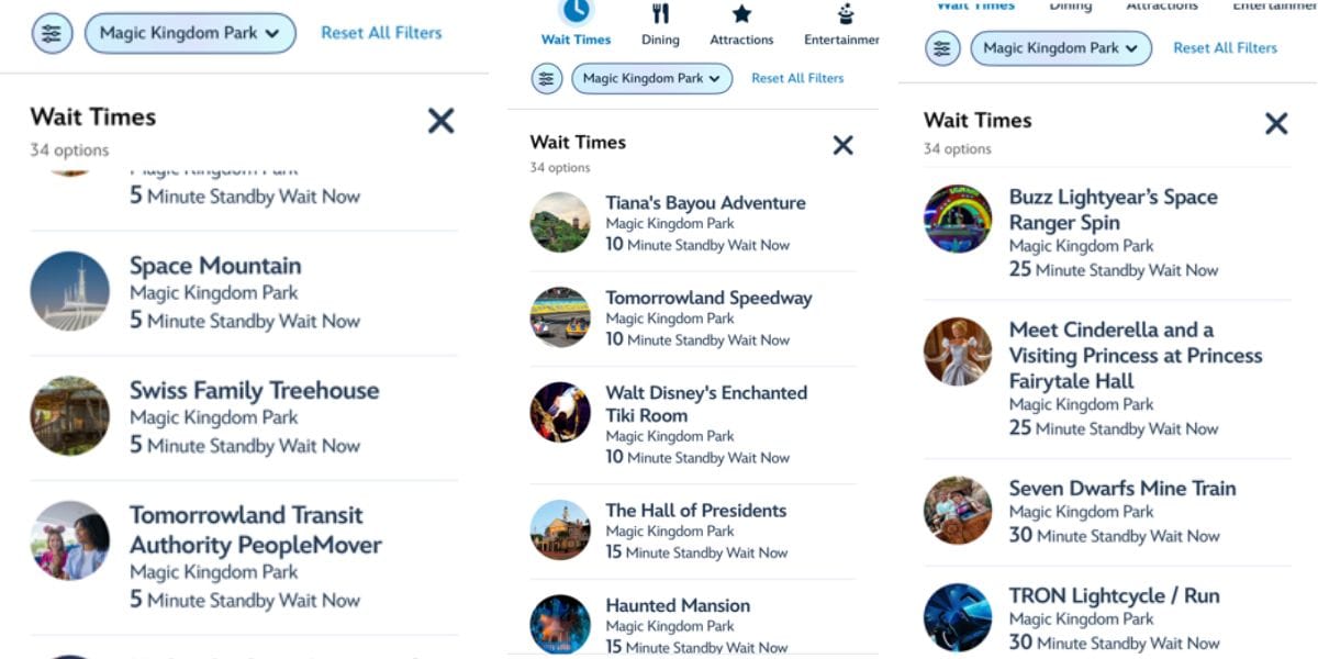 Three columns showing Magic Kingdom wait times during the park’s 55th anniversary.